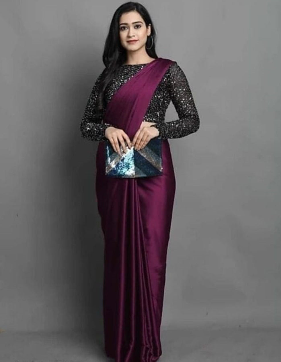 Wine Satin Saree With Designer Blouse