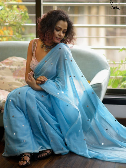 Mulmul Cotton Sky Blue Saree With Sequins And Tassels