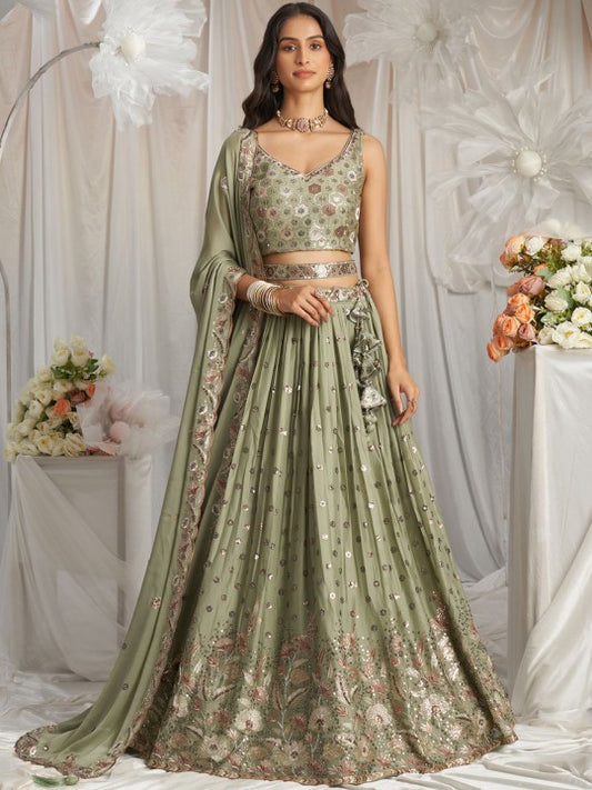 Embroidered Sequinned Semi Stitched Lehenga & Unstitched Blouse With Dupatta