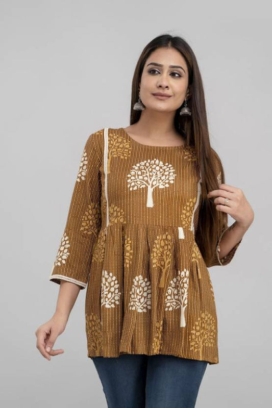 Women Floral Print Viscose Rayon Cape Top Kurta  (Brown, White, Yellow)