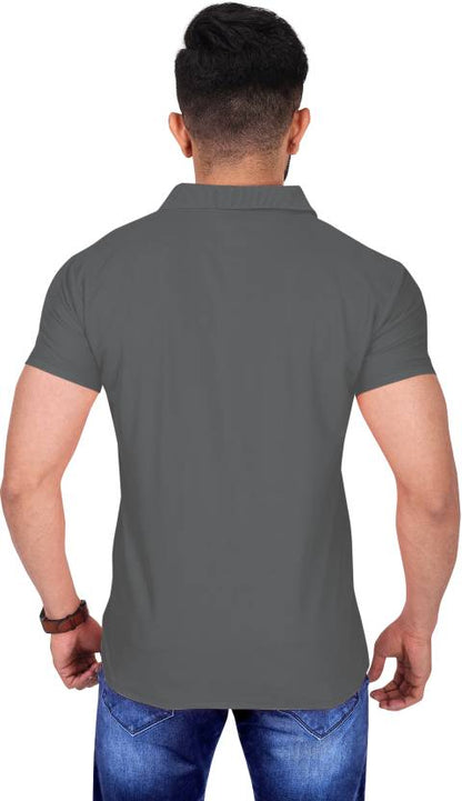 Men Solid Polo Neck Poly Cotton Grey T-Shirt