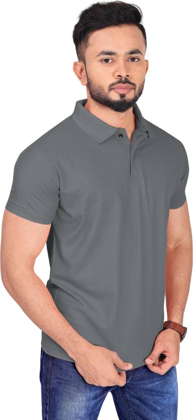 Men Solid Polo Neck Poly Cotton Grey T-Shirt