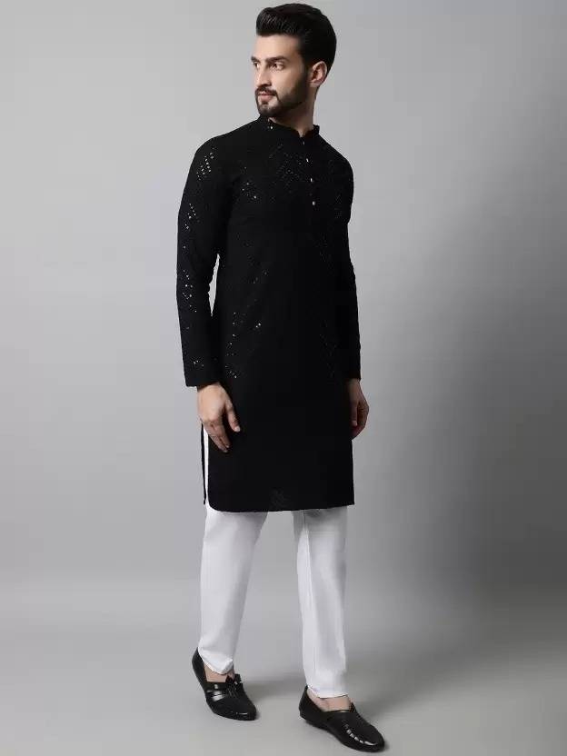 Men Chikan Embroidery Cotton Rayon Straight Kurta