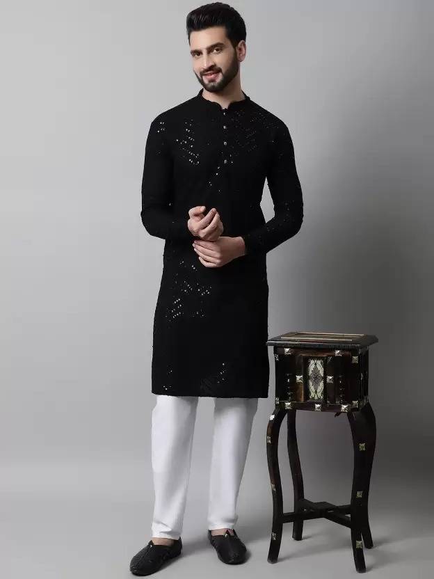 Men Chikan Embroidery Cotton Rayon Straight Kurta