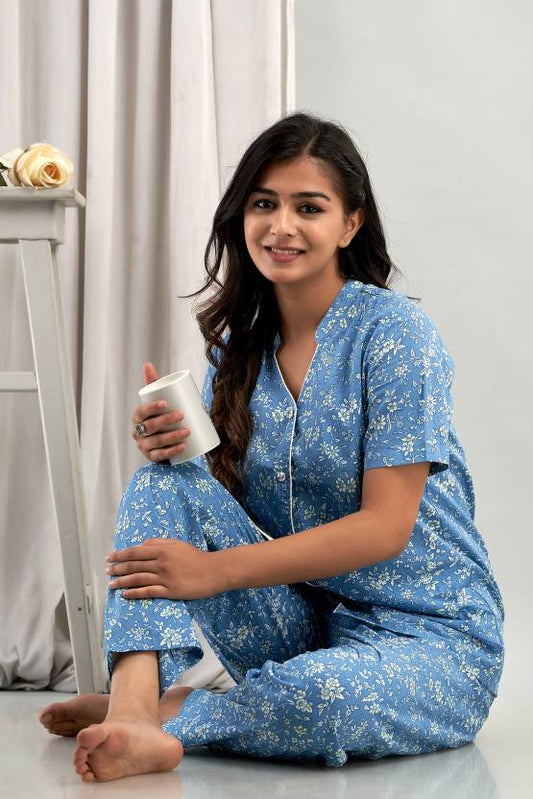 Asami Women Printed Blue Shirt & Pyjama Set