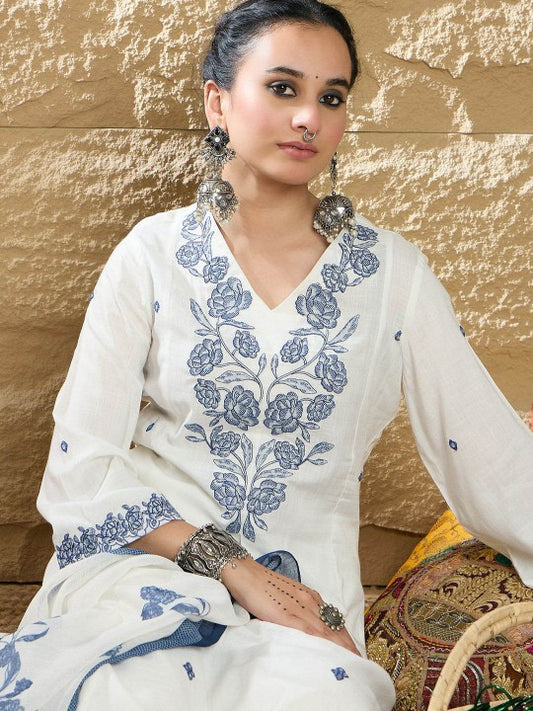 Women's Cotton Blend Straight Printed Kurta with Pant & Dupatta