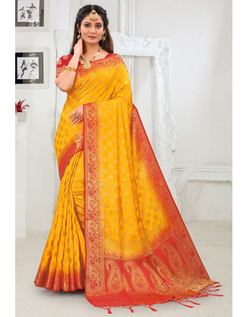 Yellow Lichi Silk Jari Work Saree For Women