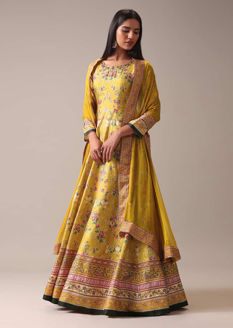 Yellow Floral Printed Anarkali Suit Set In Silk