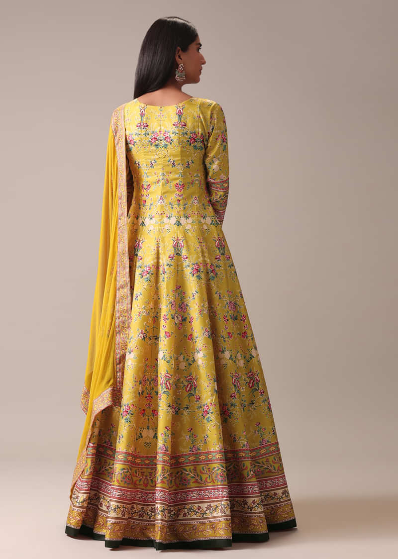 Yellow Floral Printed Anarkali Suit Set In Silk