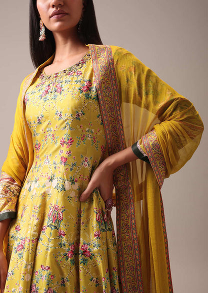 Yellow Floral Printed Anarkali Suit Set In Silk