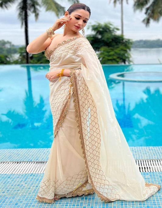 Tamanna Bhatia Bollywood Wear White Chanderi Sequin Saree