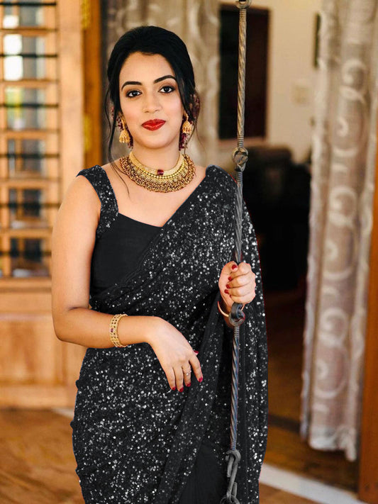 Black Georgette Sequin Work Designer Saree