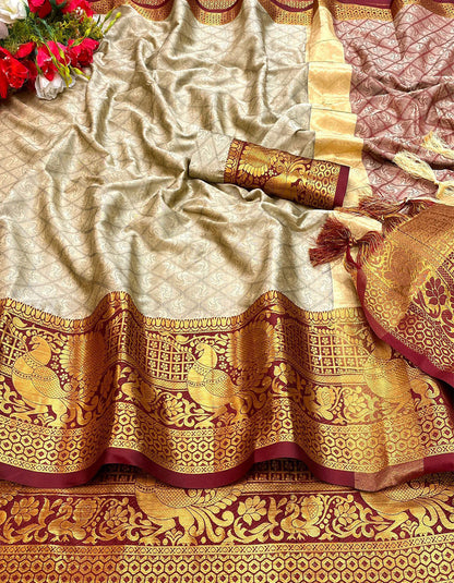 Beige Cotton Silk Printed Wedding Wear Saree