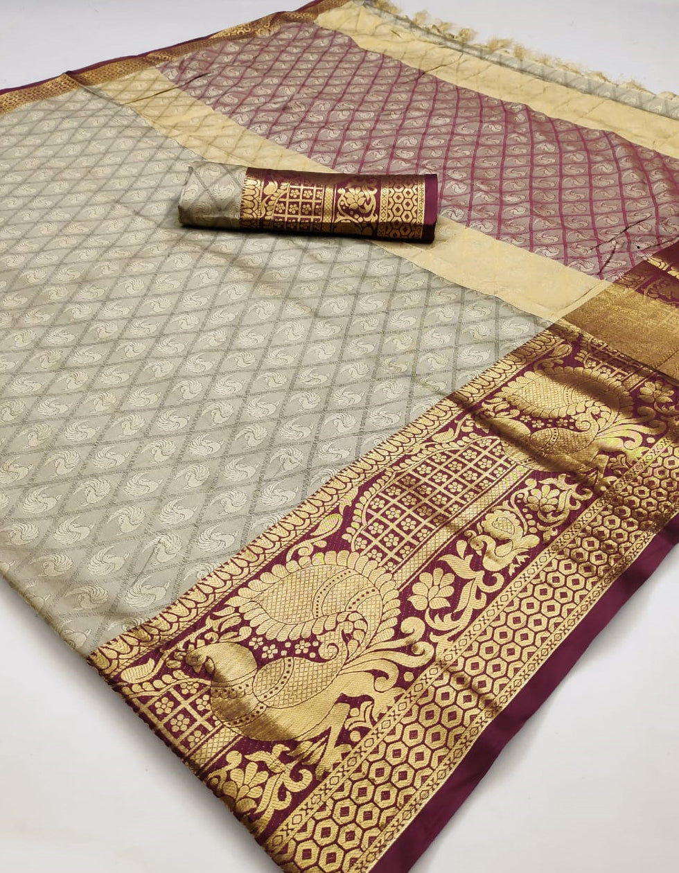 Beige Cotton Silk Printed Wedding Wear Saree