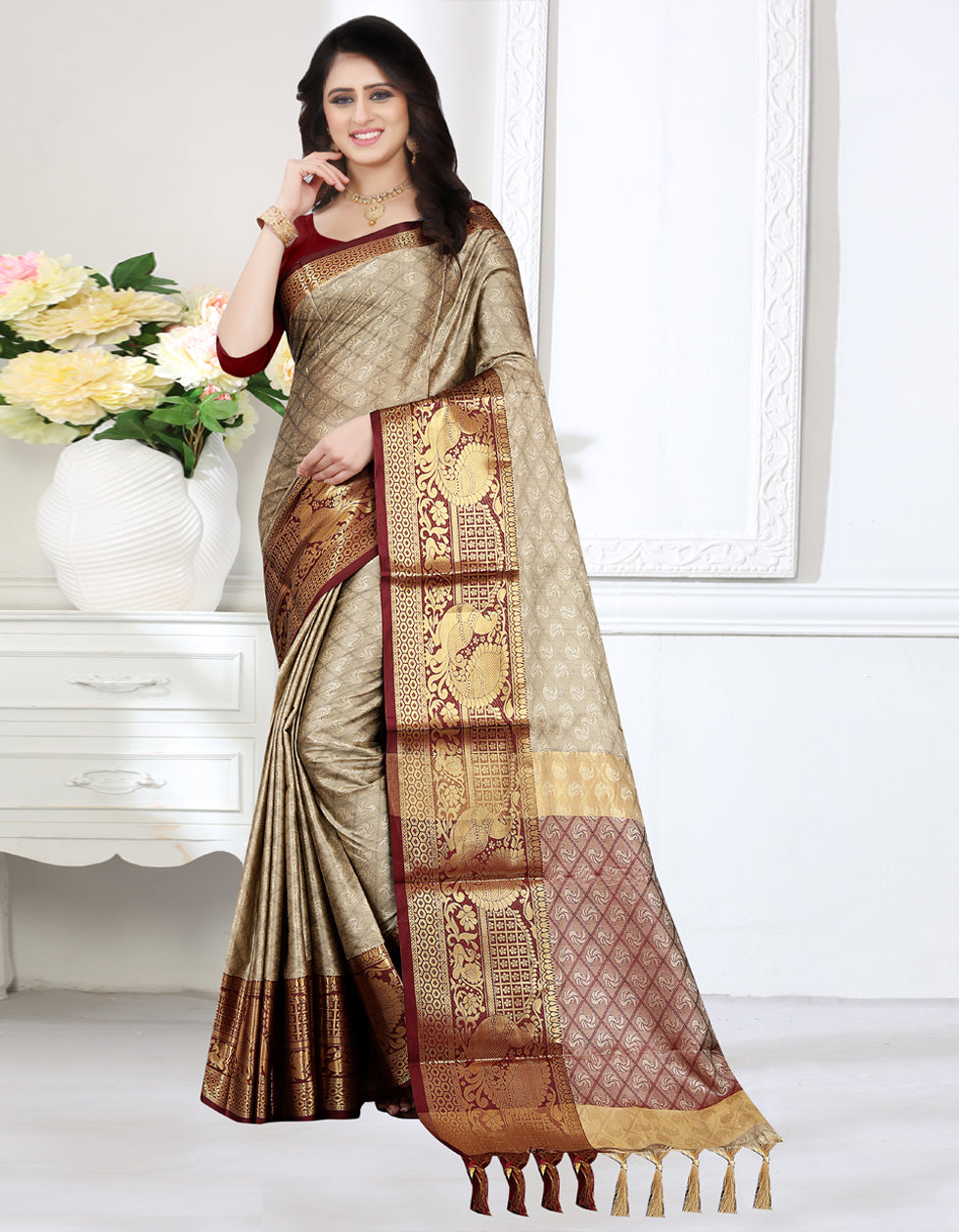 Beige Cotton Silk Printed Wedding Wear Saree