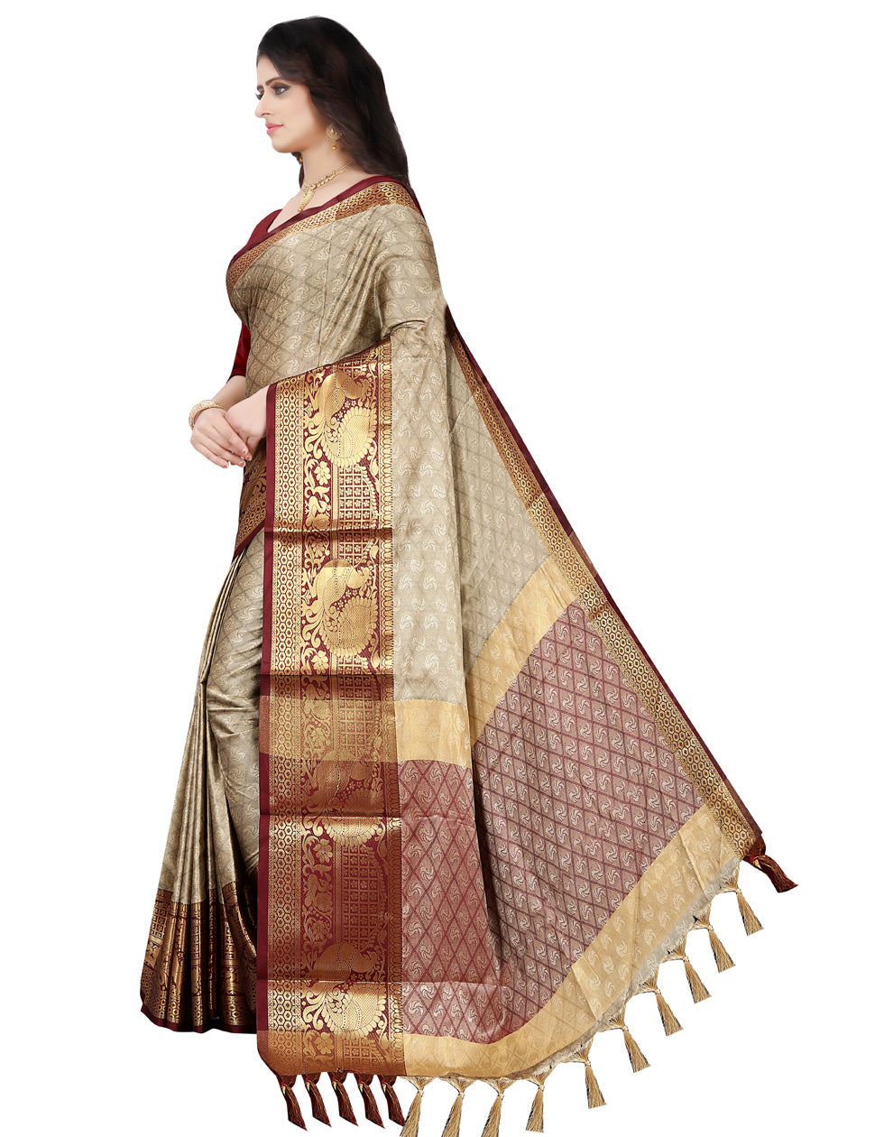 Beige Cotton Silk Printed Wedding Wear Saree