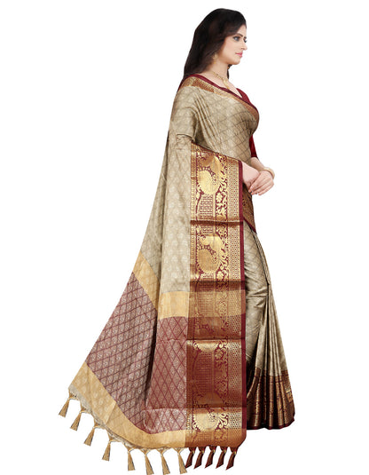 Beige Cotton Silk Printed Wedding Wear Saree