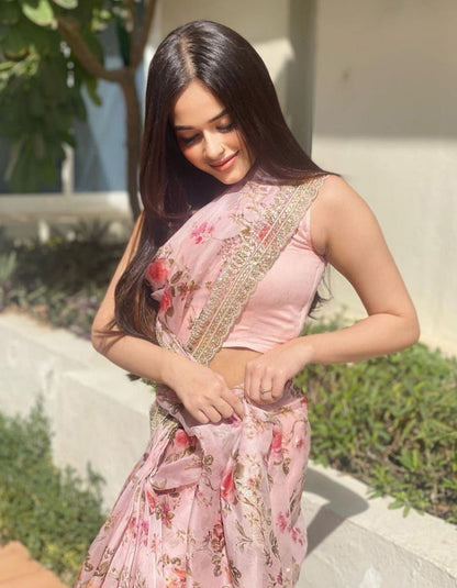 Jannat Zubair Peach Silk Multi Work Partywear Saree