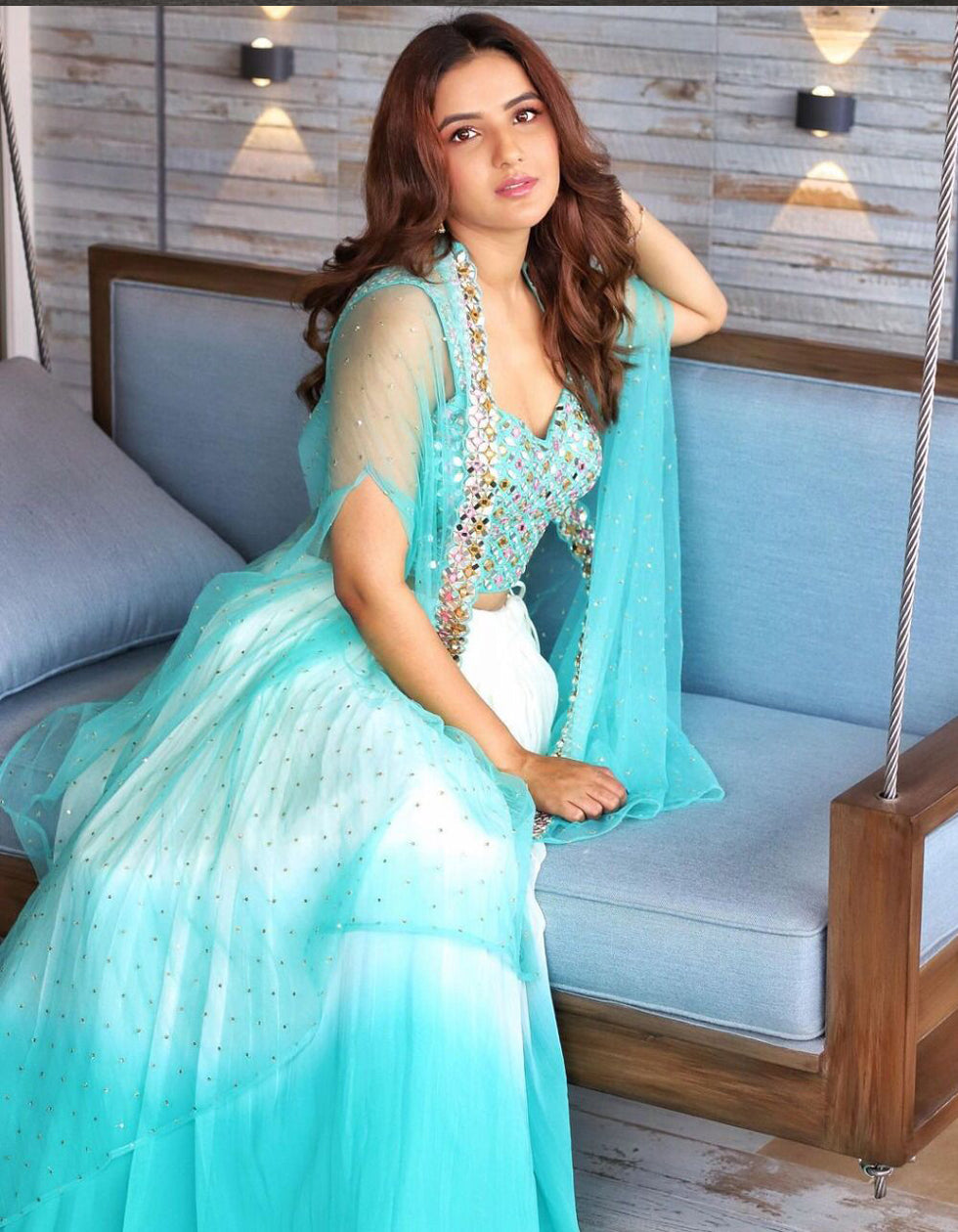 Jasmin Bhasin Sky Blue Georgette Partywear Lehenga Choli