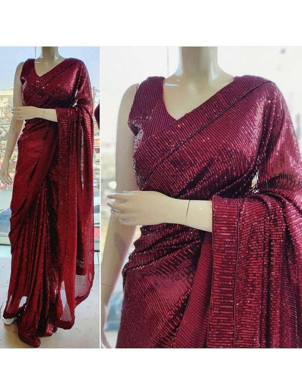 Maroon Georgette Sequin Work Saree