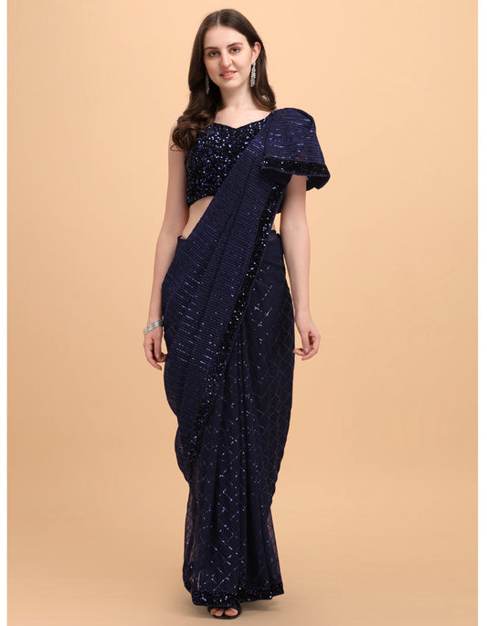 Navy Blue Georgette Sequin Saree