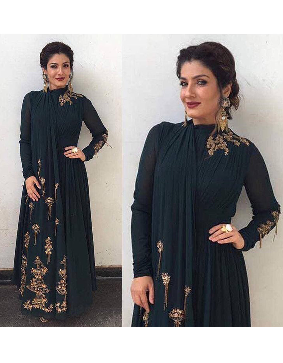 Dark Green Georgette Embroidery Bollywood Wear Gown