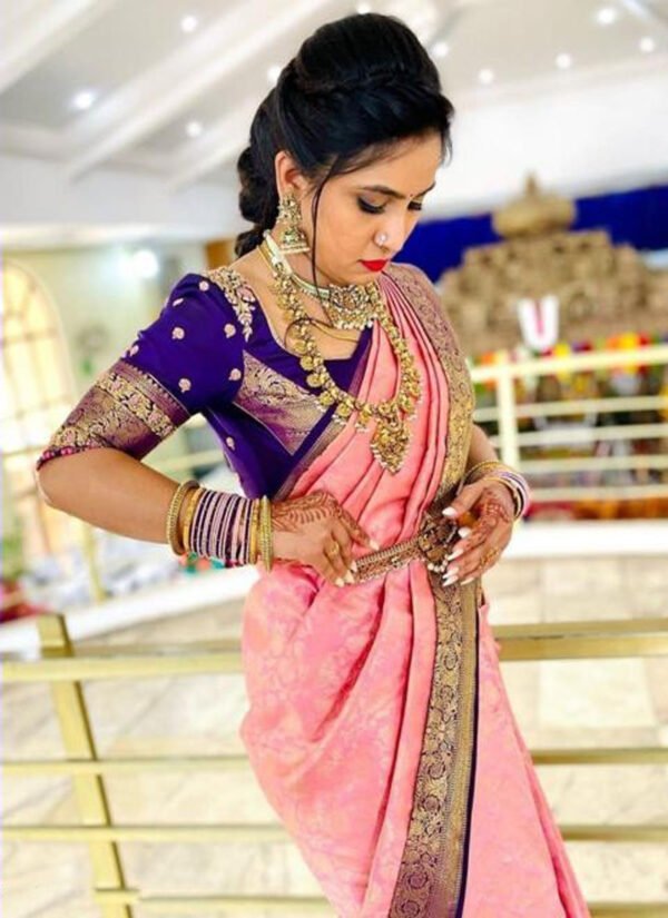 Silk Jacquard Bridal Wear Pink Saree - Image 3