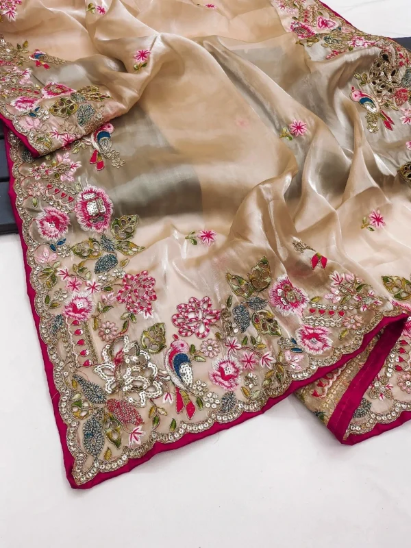 Party Wear Embroidery Cream Saree - Image 3