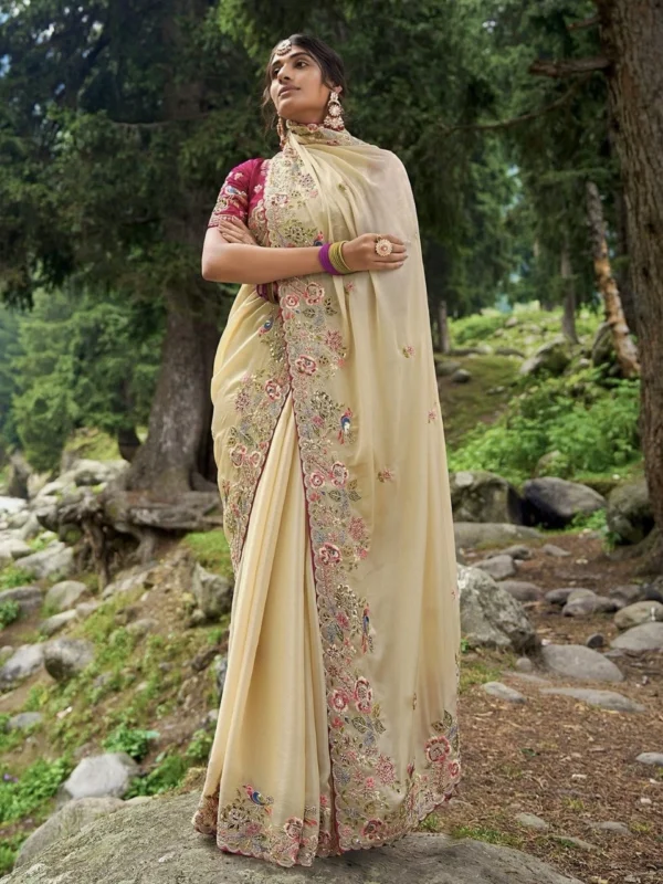 Party Wear Embroidery Cream Saree - Image 4