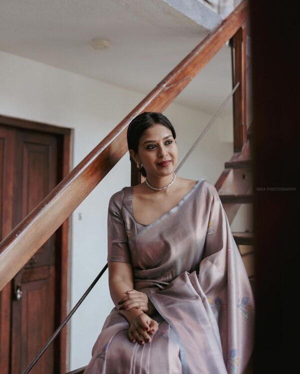 Designer Banarasi Soft Silk Gray Saree - Image 3