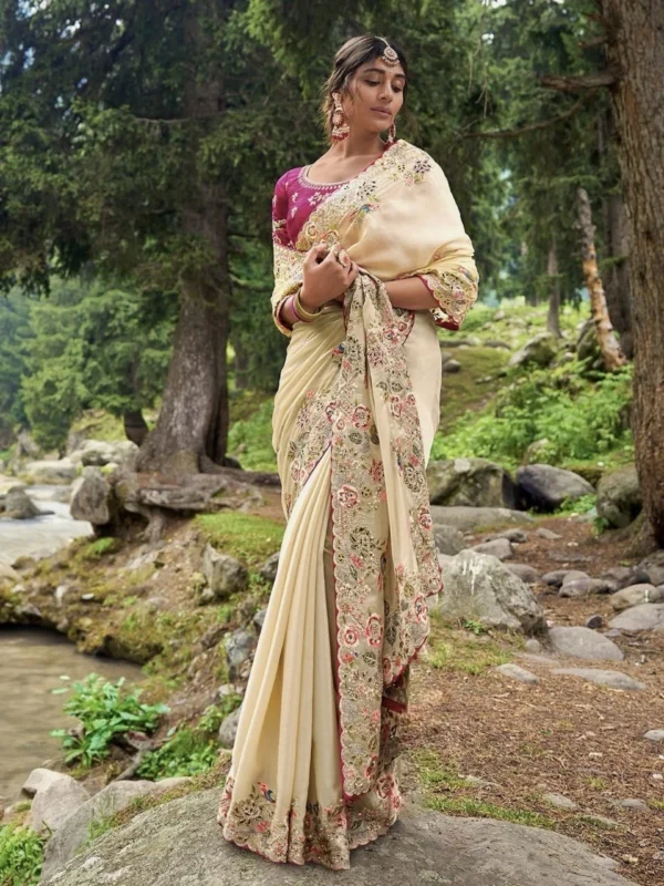 Party Wear Embroidery Cream Saree