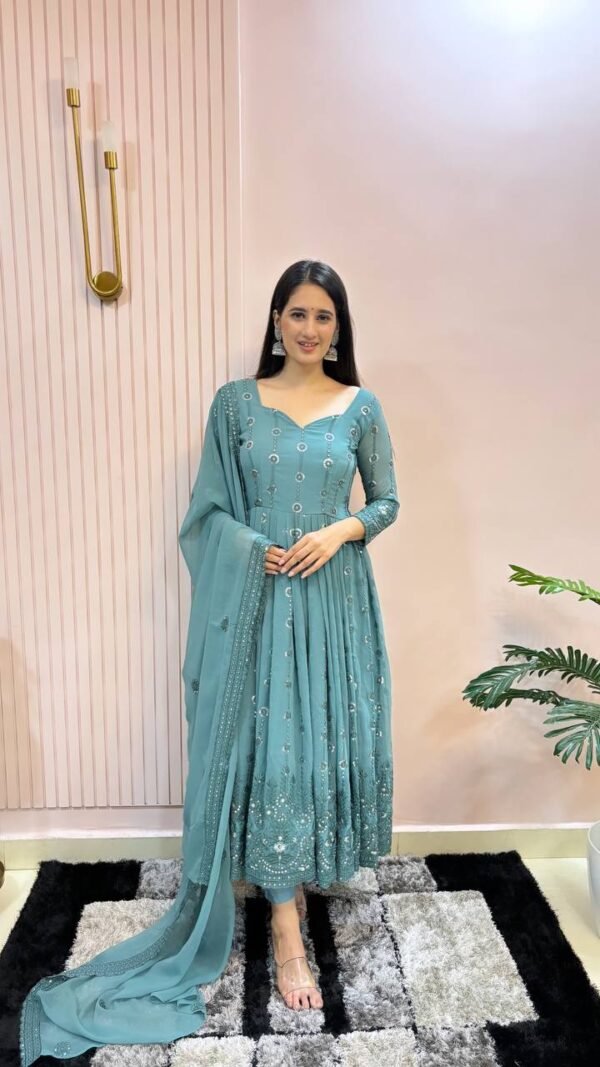 Party Wear Georgette Sky Blue Anarkali Suit - Image 2