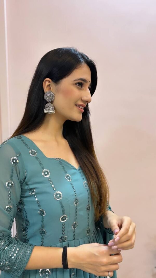 Party Wear Georgette Sky Blue Anarkali Suit - Image 4