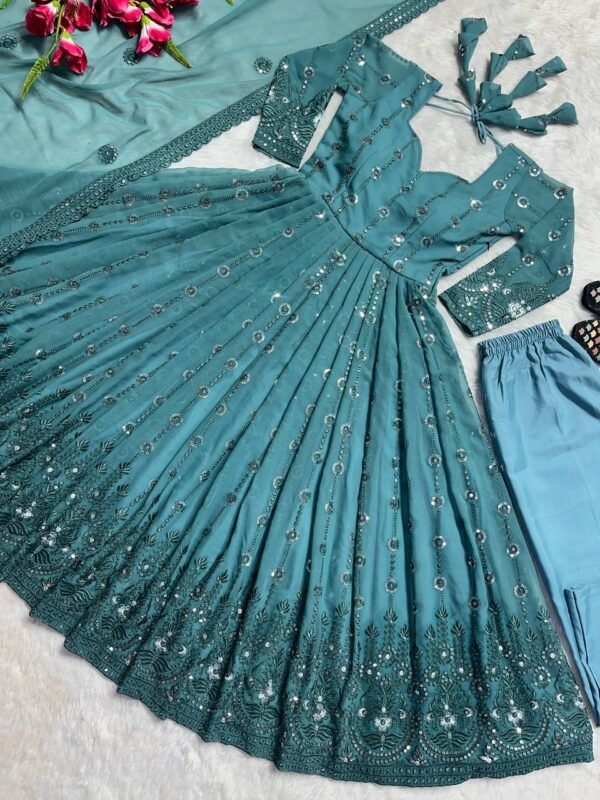 Party Wear Georgette Sky Blue Anarkali Suit - Image 3