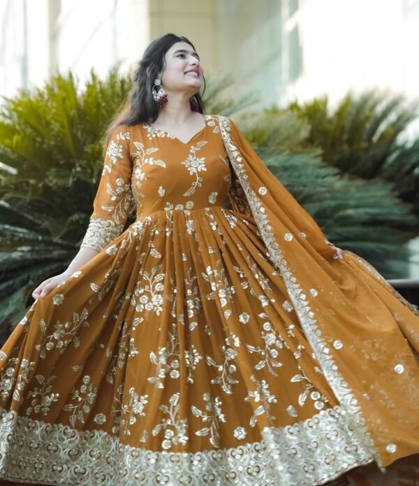 Festival Wear Georgette Mustard Gown Set