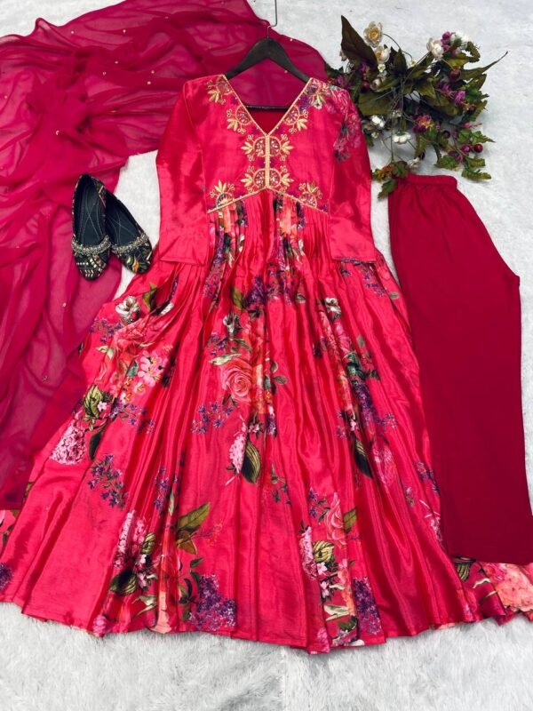 Trending Wear Chinon Anarkali Pink Gown Set - Image 7