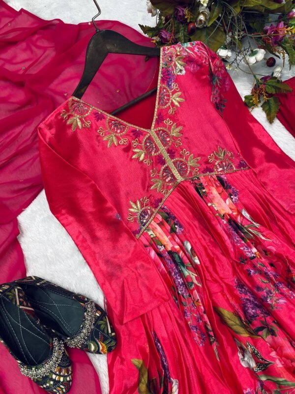 Trending Wear Chinon Anarkali Pink Gown Set - Image 9