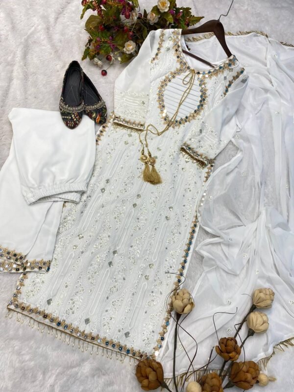 Party Wear Embroidery White Kurta Set - Image 5