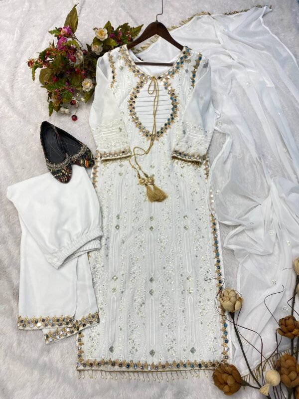 Party Wear Embroidery White Kurta Set - Image 6