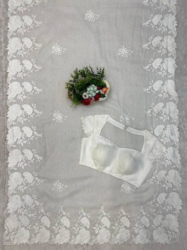 Party Wear Embroidery White Saree for Women - Image 5
