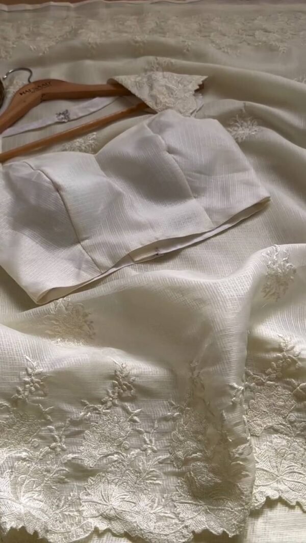 Party Wear Embroidery White Saree for Women - Image 6
