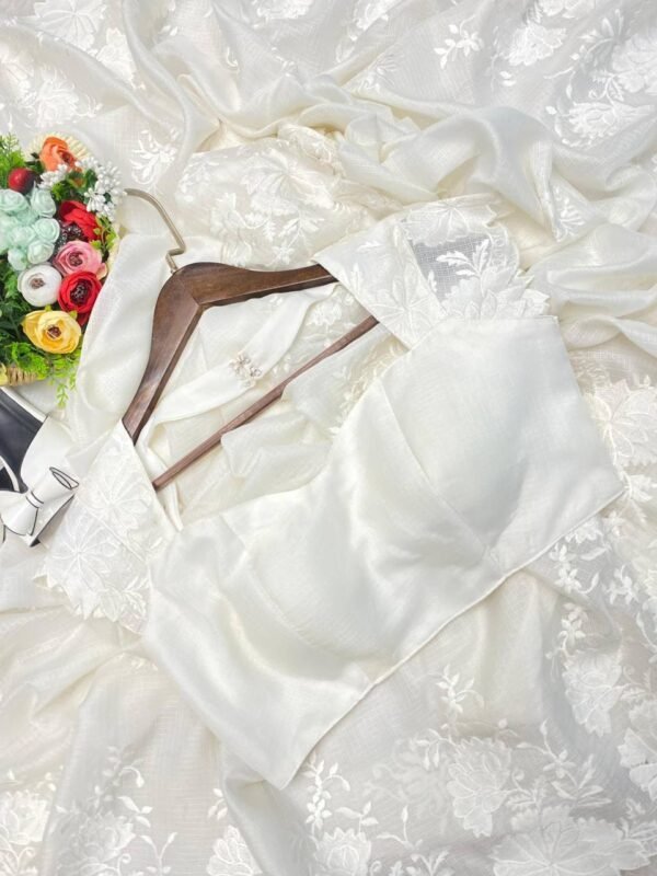 Party Wear Embroidery White Saree for Women - Image 7