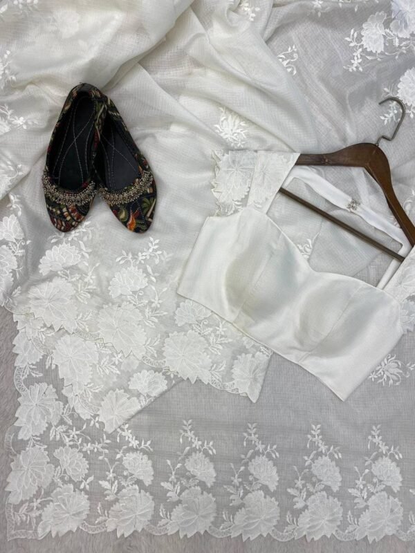 Party Wear Embroidery White Saree for Women