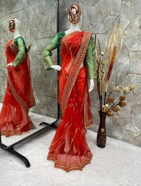 Women's Wear Organza Red Saree