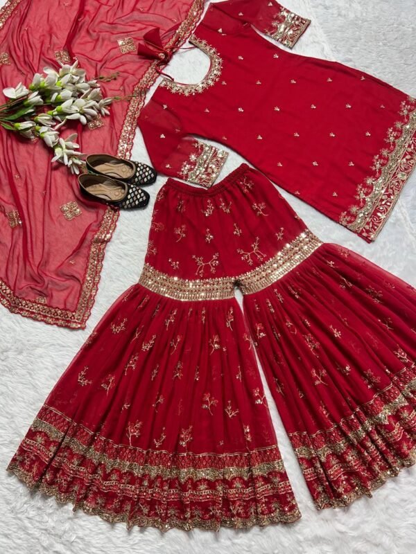 Festival Wear Georgette Red Sharara Set - Image 4