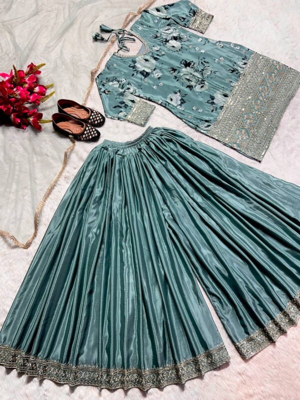 Designer Chinon Silk Sky Blue Sharara Suit - Image 3