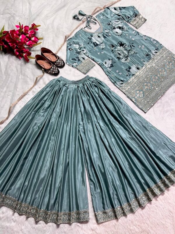 Designer Chinon Silk Sky Blue Sharara Suit - Image 4