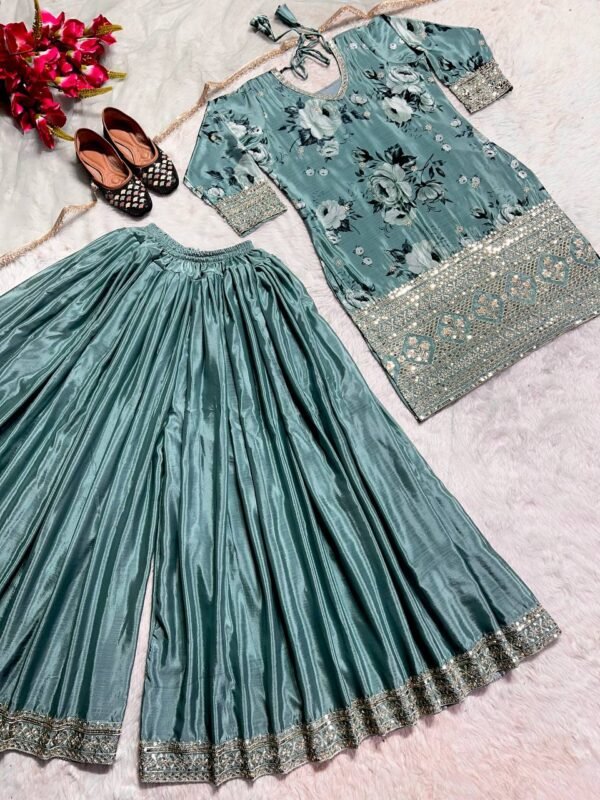 Designer Chinon Silk Sky Blue Sharara Suit - Image 5