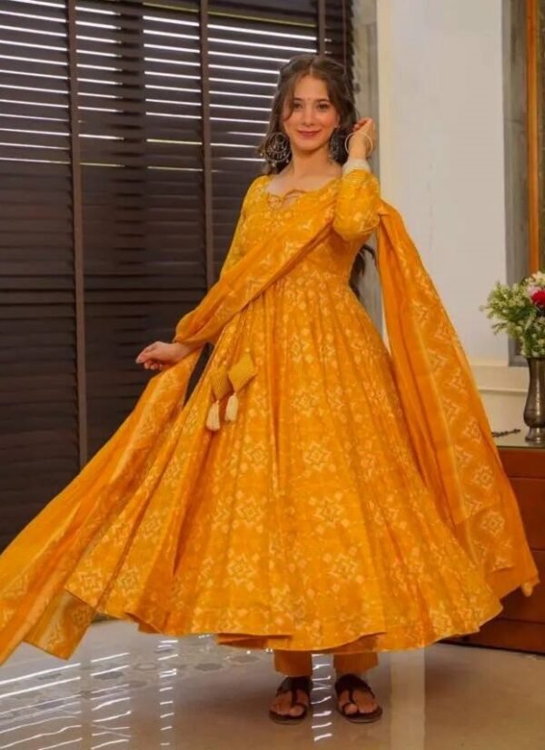 Party Wear Printed Orange Anarkali Kurta Set