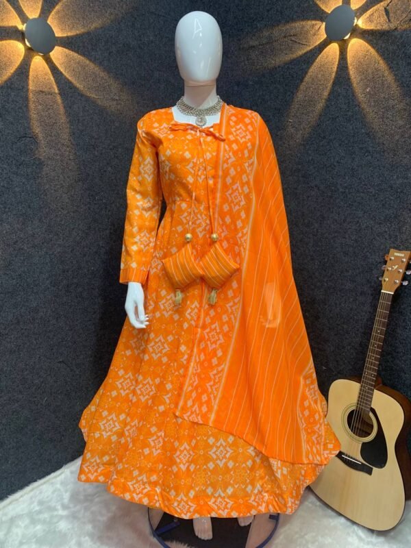 Party Wear Printed Orange Anarkali Kurta Set - Image 5